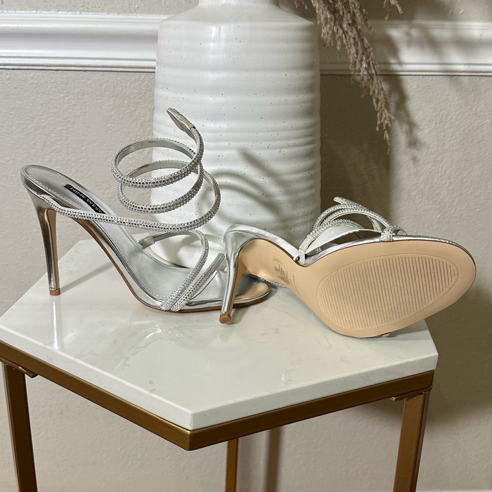 Nine West Maskil Silver Ankle Wrap Heels
